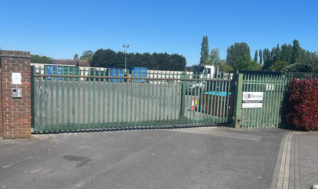 Entrance gate to The Storage Containers Ferndown site on 22 Ringwood Road, Longham